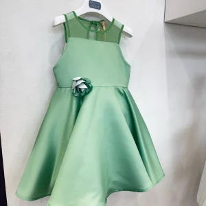 ABITO BAMBINA VERDE ACQUA IN RASO CON RETE E FIORE