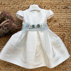 Abito cerimonia avorio con cintura verde polvere e maxi fiocco