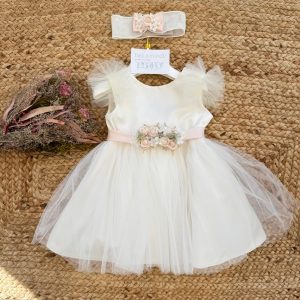 Abito da battesimo bimba avorio con cintura rosa e fascia coordinata