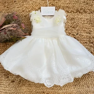 Abito da battesimo bimba avorio con rose applicate e gonna in pizzo