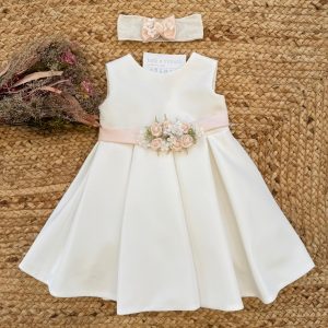 Abito da battesimo bimba panna con cintura floreale rosa