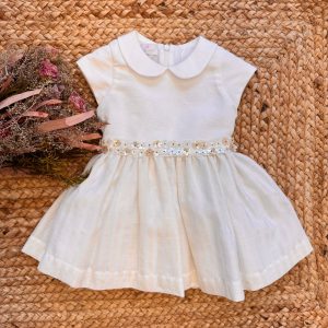 ABITO BATTESIMO PANNA CON FASCIA FLOREALE E FIOCCO