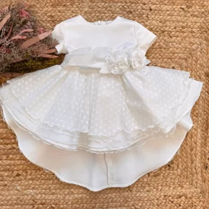 ABITO BATTESIMO BIMBA A POIS CON FIORI E MAXI FIOCCO