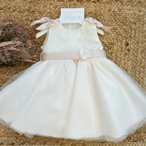 Abito battesimo bimba con ricamo floreale e cintura rosa cipria