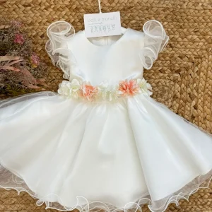 Abito battesimo bimba con tulle e cintura floreale