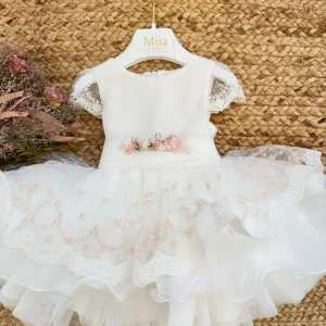 Abito battesimo bimba elegante con tulle floreale e fiocco posteriore