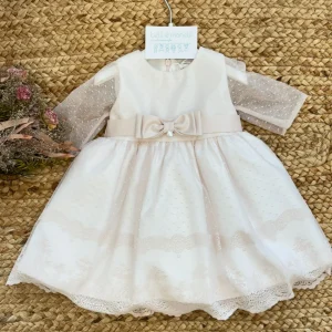Abito battesimo bimba con tulle plumetis e pizzo ricamato
