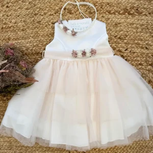 Abito da battesimo bimba in tulle con fiori rosa cipria