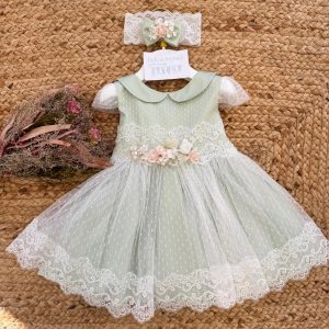 Abito da battesimo e primo compleanno bimba verde salvia e fascia coordinata
