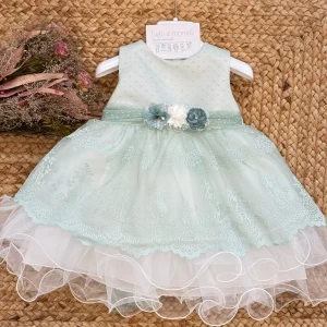 Abito battesimo bimba verde salvia con tulle e fiori