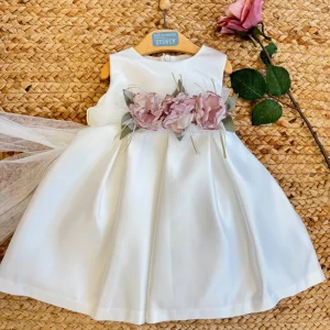 ABITO DA BATTESIMO IN MIKADO CON CINTURA FLOREALE