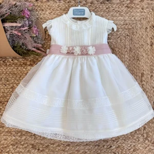 ABITO BATTESIMO NEONATA CON FIORI ROSA CIPRIA