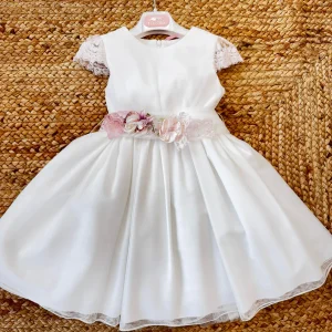 ABITO DA CERIMONIA BAMBINA CON PIZZO,FIORI E MANICA ROSA CIPRIA