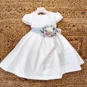 ABITO DA CERIMONIA BAMBINA VERDE SALVIA CON CINTURA FLOREALE E FIOCCO