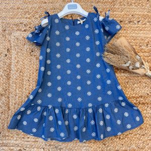 ABITO CHAMBRAY BAMBINA CON FIORI E SPALLE SCOPERTE