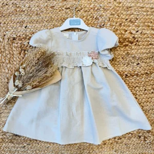 ABITO IN LINO E COTONE CON FIORI E ROUCHES