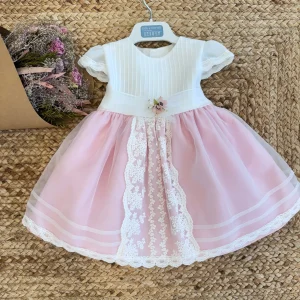 ABITO ROSA NEONATA CON FIORE E PIZZO