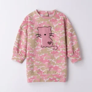 Abito bambina in cotone mimetico rosa con gattino