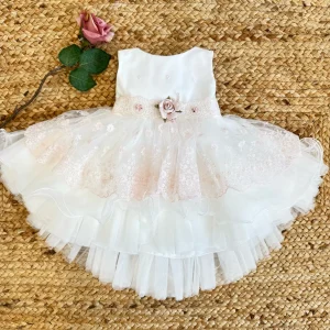 ABITO BATTESIMO MIMILU – TULLE RICAMATO E BALZE CON CODA POSTERIORE