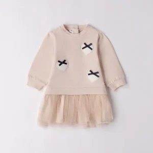 Abito neonata beige con cuori e tulle