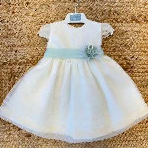 ABITO BATTESIMO NEONATA CON FIORE SALVIA E MANICHINE IN PIZZO