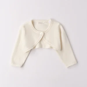 Cardigan panna bimba in cotone e lana con bottone fiore