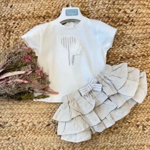 COMPLETO BAMBINA ESTIVO IN COTONE E LINO – T-SHIRT AVORIO E GONNA A BALZE BEIGE