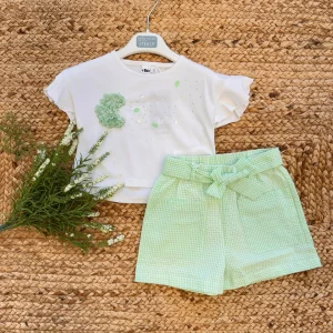 COMPLETO BAMBINA T-SHIRT FIORE 3D E SHORT VERDI