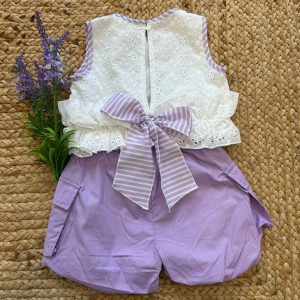 COORDINATO BAMBINA CASUAL CHIC LILLA CON RICAMI E FIOCCO A RIGHE