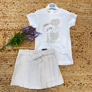 COMPLETO BIMBA CON T-SHIRT ORSETTO E GONNA-PANTALONE A RIGHE