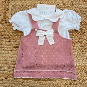 Completo neonata in cotone e lino rosa con fiocco panna