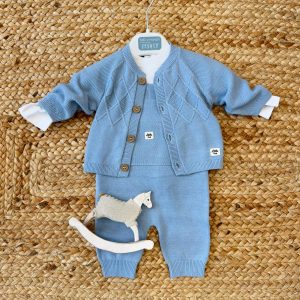 Completo neonato in 100% cotone azzurro e panna
