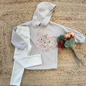 Completo bambina felpa orsetto 3D e pantalone panna