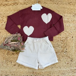 Completo bambina maglione cuori e shorts