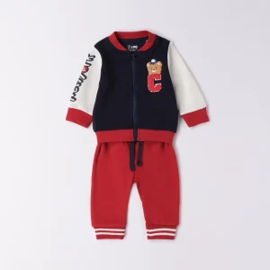 Completo neonato in cotone rosso e blu con orsetto