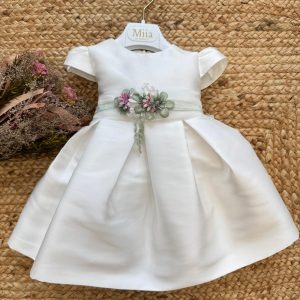 Abito cerimonia bianco con cintura floreale verde salvia