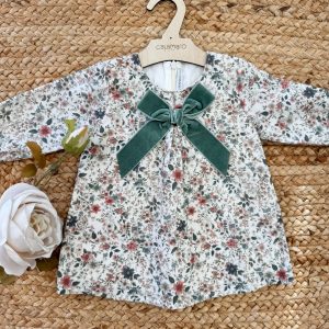 Abitino floreale con fiocco in velluto verde salvia