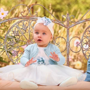 Abito battesimo bimba con tulle e fascia azzurro polvere