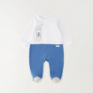 Tutina neonato in 100% cotone bianca e azzurra con ricamo coniglietto