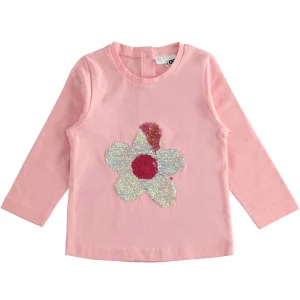 Maglia bimba in cotone rosa con fiore paillettes