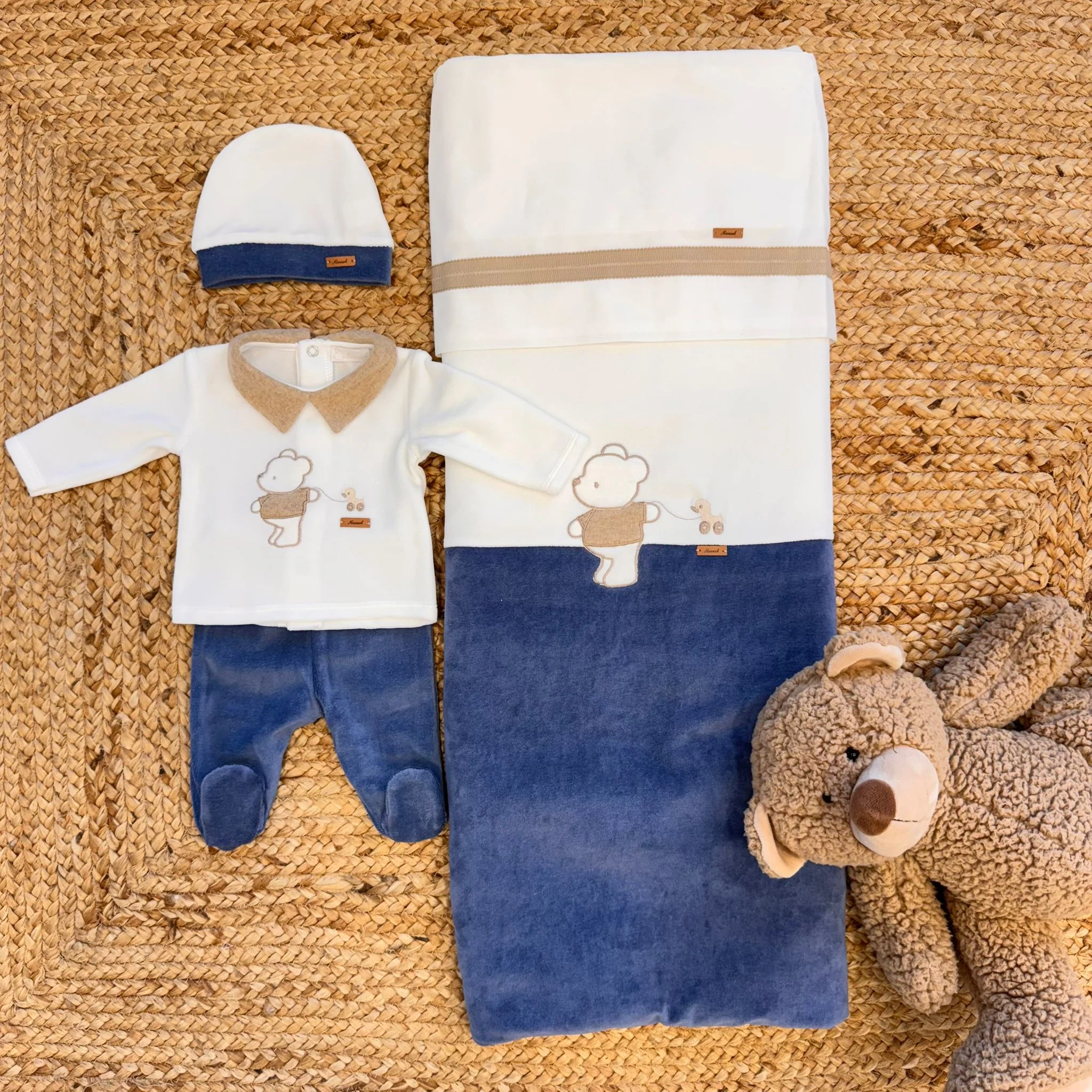 Uscita clinica ciniglia neonato orsetto panna e blu - immagine 2