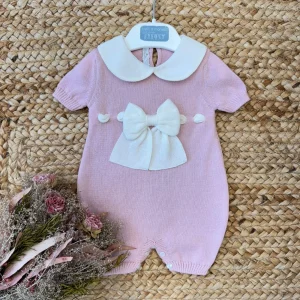 Pagliaccetto neonata in 100% filo di cotone rosa con fiocco