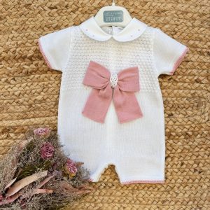 Pagliaccetto neonata in cotone filo di scozia con fiocco rosa