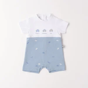 Pagliaccetto neonato 100% cotone bianco e azzurro con stampa macchinine