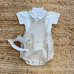 Pagliaccetto neonato con salopette in lino e cotone e polo in cotone