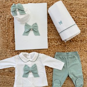 Set nascita neonata in bamboo e cotone con fiocco verde salvia per uscita clinica elegante