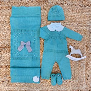 Coordinato verde foglia neonato/a in pura lana con fiocco tortora|USCITA CLINICA