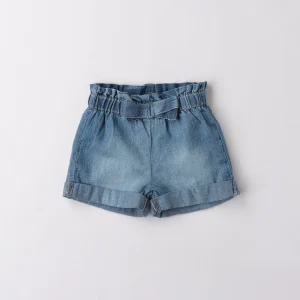 SHORTS BAMBINA IN JEANS CON FIOCCO E TASCHE VOLANT