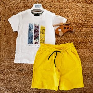 T-SHIRT BIANCA CON STAMPA E PANTALONCINI GIALLO ESTIVI BAMBINO