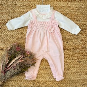 Tutina neonata in 100% cotone rosa con lavorazione plissettata e fiore applicato